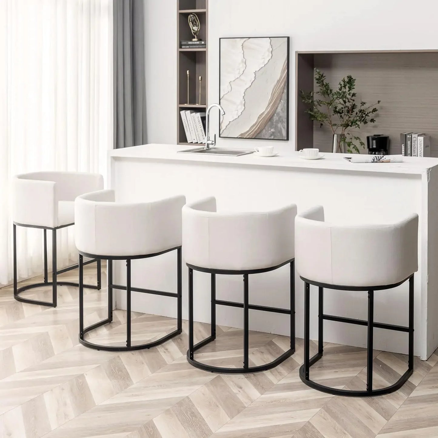 25" Counter Height Bar Stools Set of 4, Modern Bar Stool with Back, Black Metal Frames,Upholstered Bar Stools for Kitchen Island