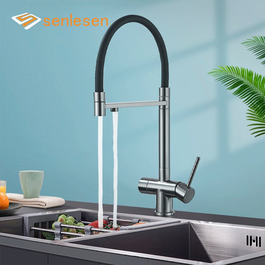 Senlesen Filter Water Kitchen Faucet Gray Pull Down Flexible Sprayer Deck Mounted Hot Cold Mixer Crane Tap 360 Degree Rotation