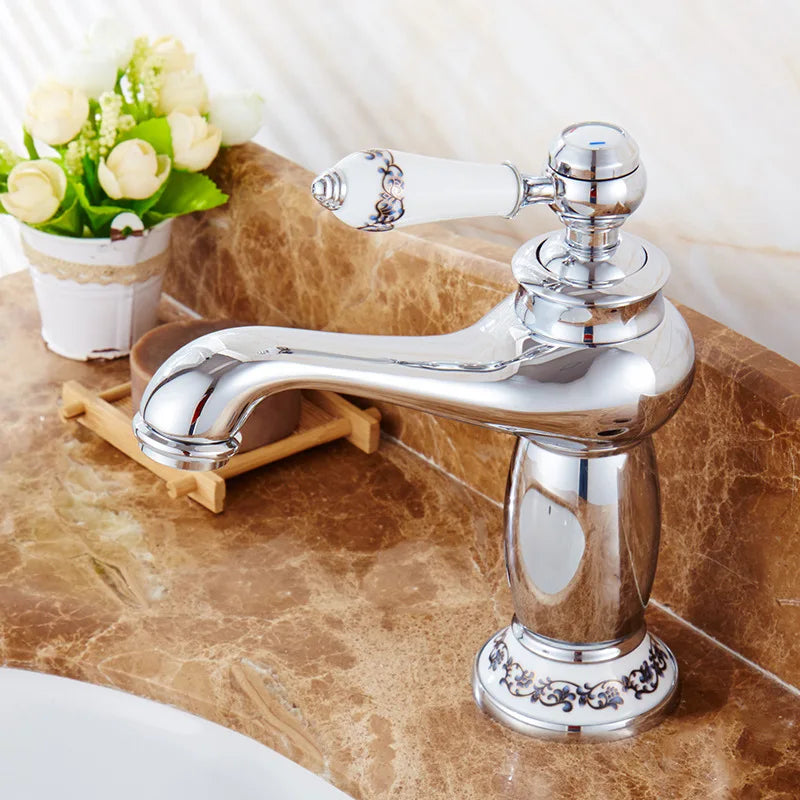 Retro European Bathroom Basin Faucets Gold Mixer Tap Ceramic Decoration Plating Chrome Single Handle Hot And Cold Deck Mounted