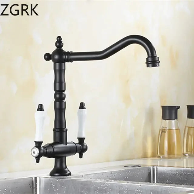 Faucet for Kitchen Dual Handle Antique Brass Retro Faucet 360 Degree Rotation Kitchen Sink Taps Deck Mounted Bathroom Sink Mixer