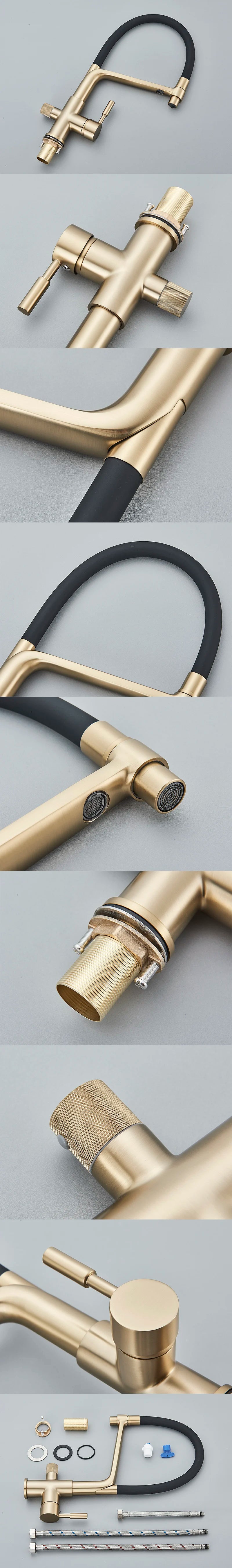 Brushed Golden Kitchen Sink Faucet Pure Water Filter Mixer Crane Dual Handle Pull Down Purification Kitchen Hot Cold Water Tap