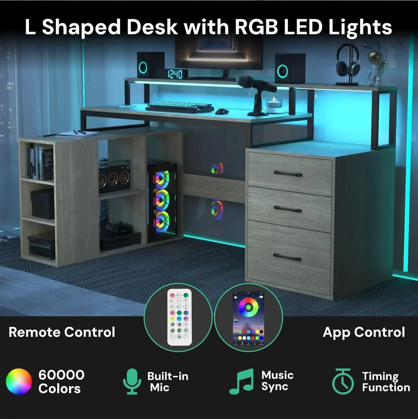 L Shaped Computer Desk with 3 Drawers, 65.7" Large Desk with LED Lights and Power Outlet