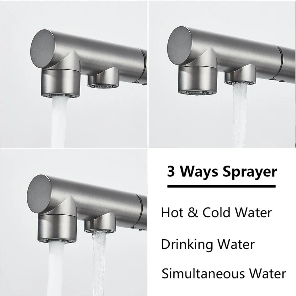 Filtered Kitchen Sink Faucet with Pull Down Sprayer 2 Handle 3 in 1 Water Filter Purifier Faucet Dual Sprayer Drinking Water Tap