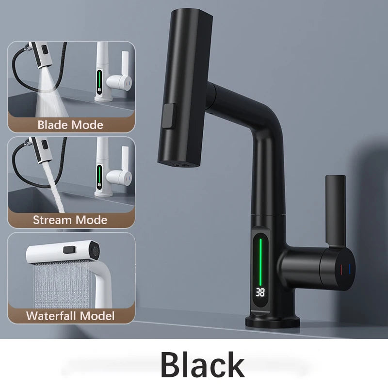 Waterfall Pull Out Kitchen Faucet White Intelligent Digital Display Cold Hot Mixer Taps Rotatable Sink Lifting Basin Faucet