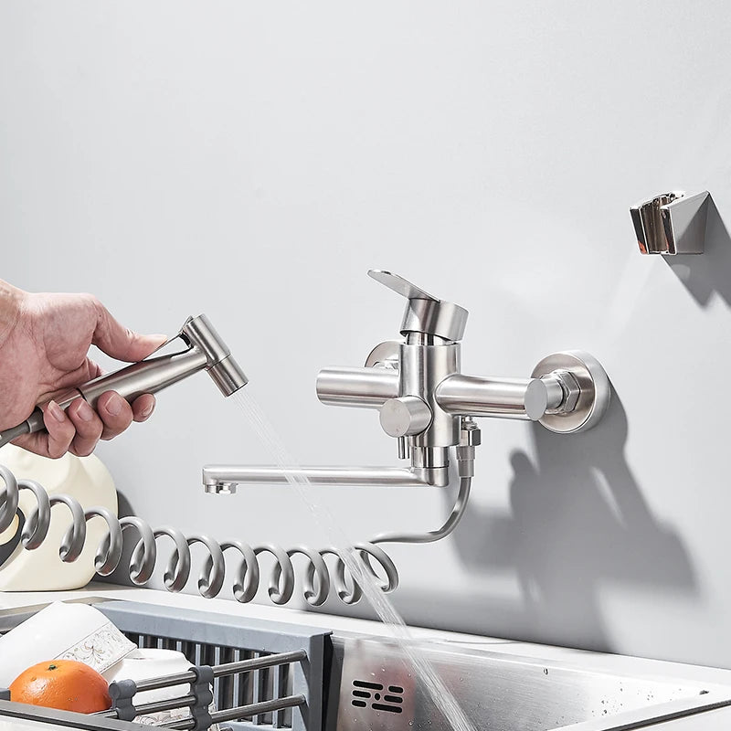 Wall Mount Kitchen Faucet Stainless Steel 360 Rotate Spout Bathroom Basin Faucet Hot and Cold Water Dual Hole with Sprayer Head