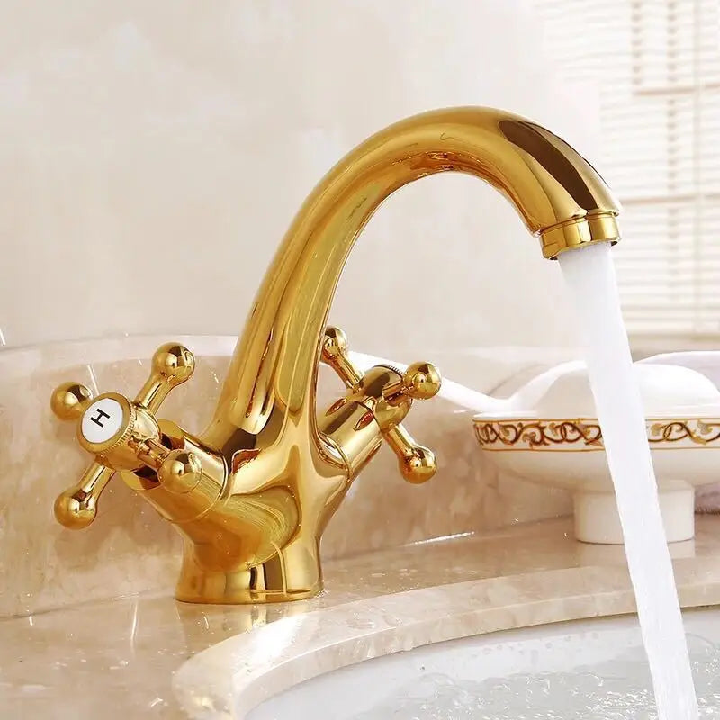 Dual Handle Antique Basin Faucet Hot and Cold Water Crane Bronze Sink Faucet Bathroom Vintage Mixers Taps Gold