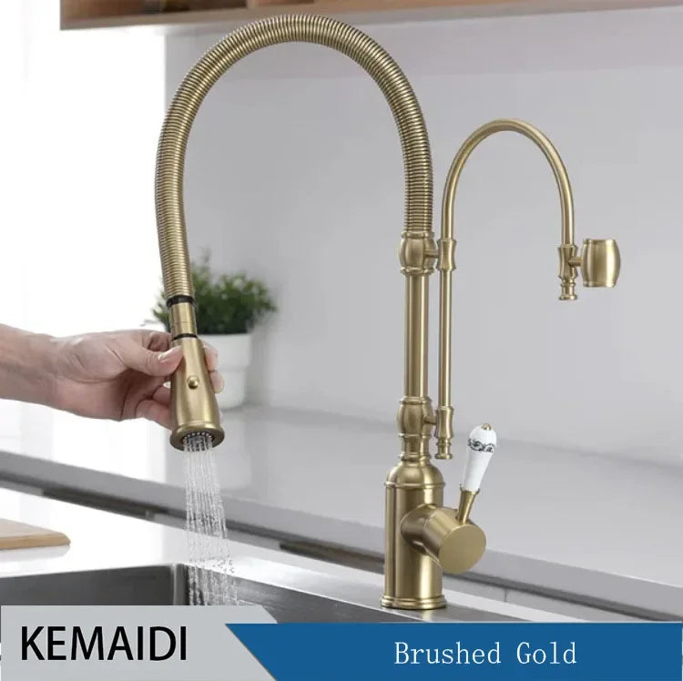 Golden Spring Pull Down Kitchen Sink Faucet Hot & Cold Mixer Crane Tap with Dual Spout Deck Mounted Hot Cold Faucets