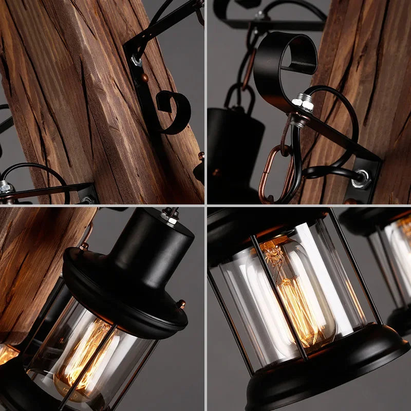 Antique Industry Vintage Wood E27 LED Ceiling Chandelier