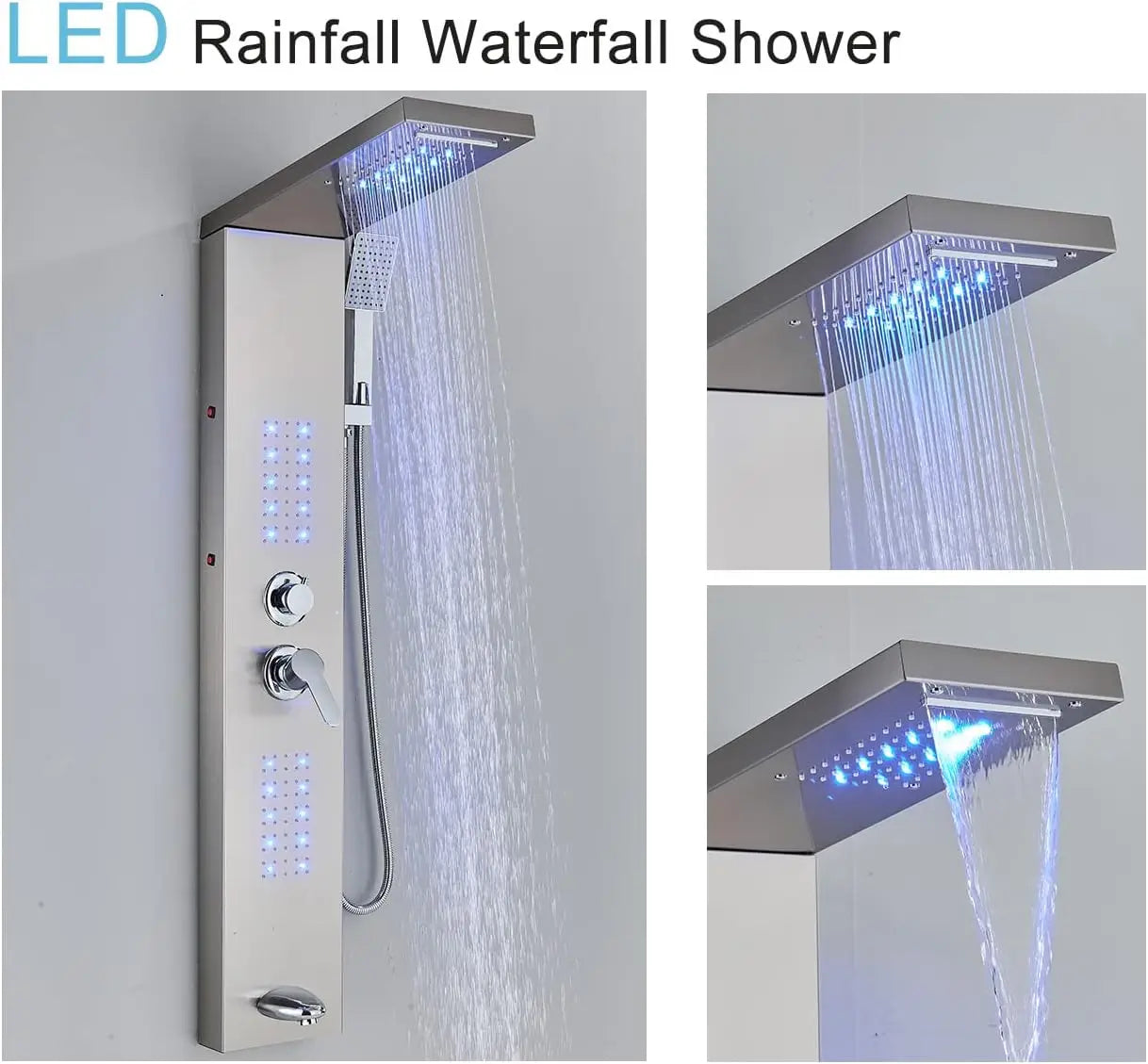 OUIO Brush LED Shower Panel Column Shower Faucet Bathtub Mixer Tap With Massage Body Spa Hand Shower Temperature Screen Set