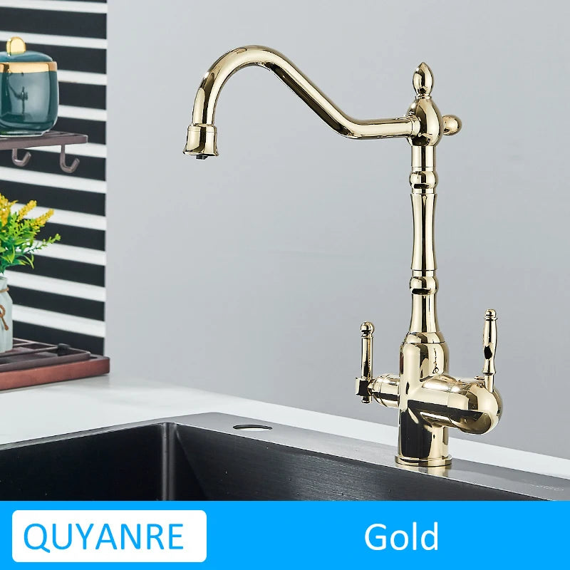 Antique Brass Filtered Kitchen Faucet Purify Faucets Mixer Tap Hot Cold Water 360 Rotation Water Purification Water Crane Tap