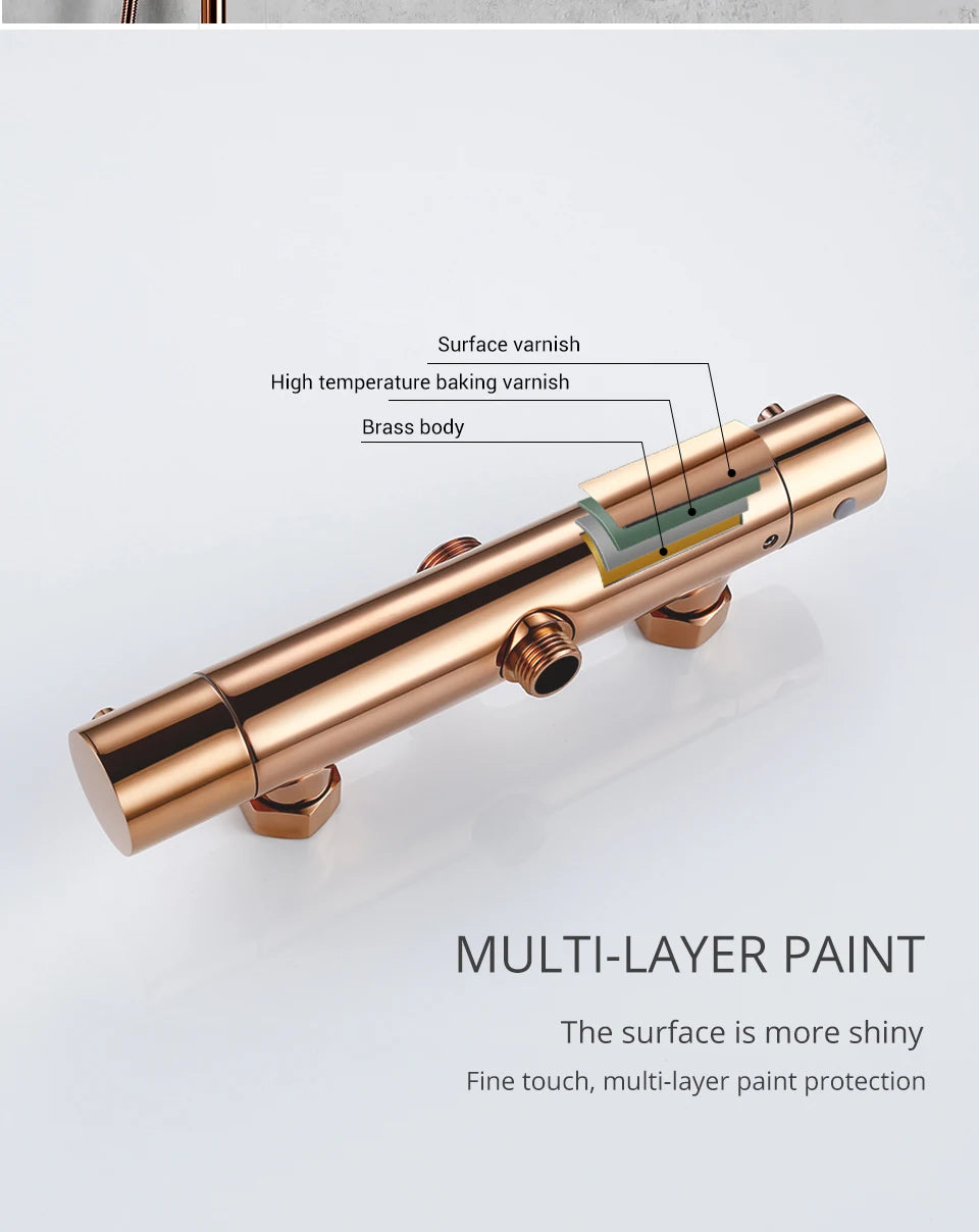 Rose Gold Thermostatic Shower Falcet Sets Wall Mount Brass Bathroom Blend Rainshower Falcet Rainfall Shower Tap Thermostat Systems