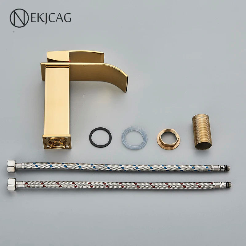 Gold Bathroom Basin Faucet Waterfall Outlet Deck Installation Sink Mixer Cold And Hot Mixing Crane Kitchen Washing Tap