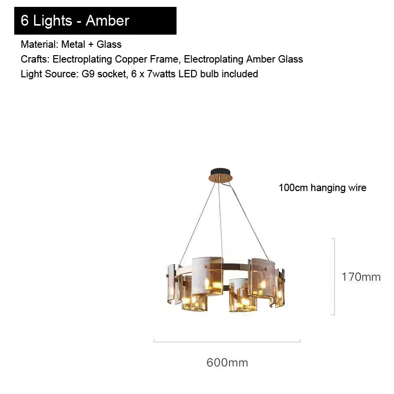 Pendant Light for Bedroom Living Room Kitchen Dining Table Bar Home Decor Modern LED Glass Tile Suspension Lamp Smoke Gray Amber