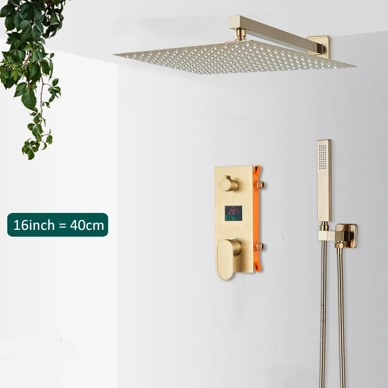 Brushed Gold Digital Display Concealed Shower System 2/3 way Shower Set Hydropower Mixer Swivel Spout Built in Wall Shower Taps