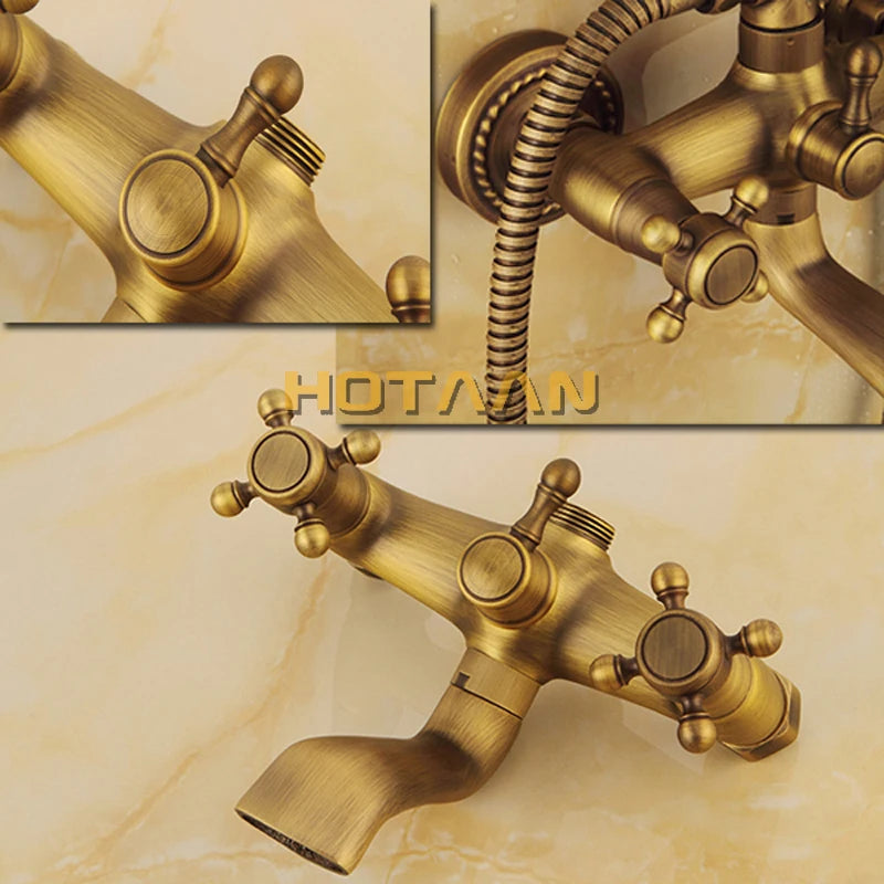 Antique Brass Wall Mounted Mixer Valve Rainfall Shower Faucet Complete Sets + 8" Brass Shower Head + Hand Shower + Hose YT-5317A