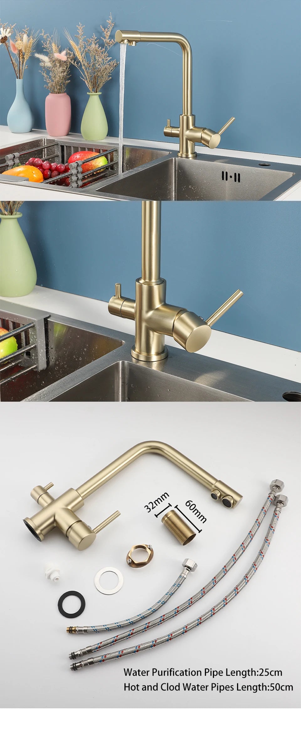 ULA Filtered Kitchen Faucet Gold Purifier Faucet Dual Sprayer Drinking Water Mixer Tap Nozzle Brass Kitchen Sink Mixer Torneira