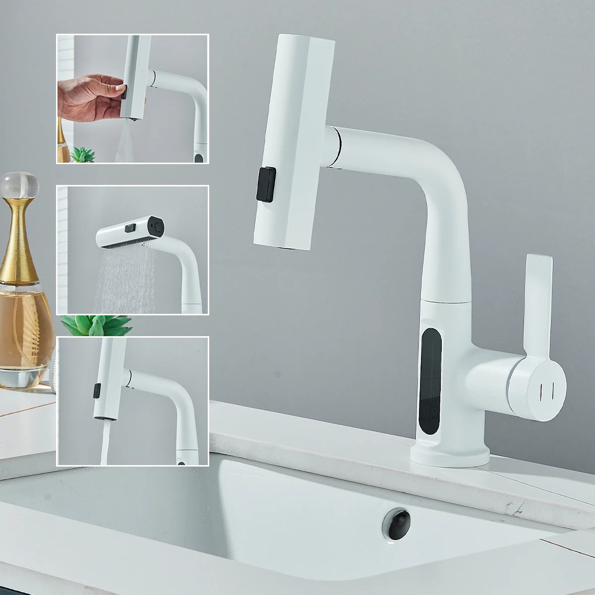 Temperature Digital Display Basin Faucet Pull Out Hot Cold Water Mixer Tap Lift Up Down Stream Sprayer Wash Crane For Bathroom