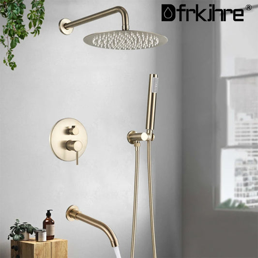 Bathroom Rainfall Shower Tap Brushed Gold Shower Faucet Set Wall Mount Round Shap Bathtub Shower With ABS Shower  Mixer Tap