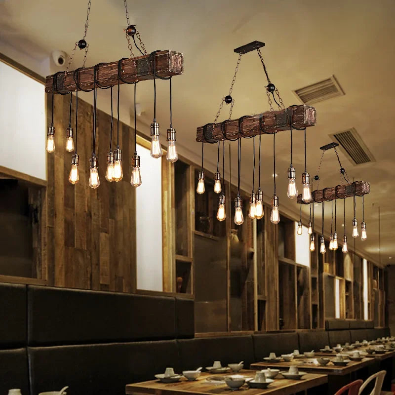 Antique Industry Vintage Wood E27 LED Ceiling Chandelier