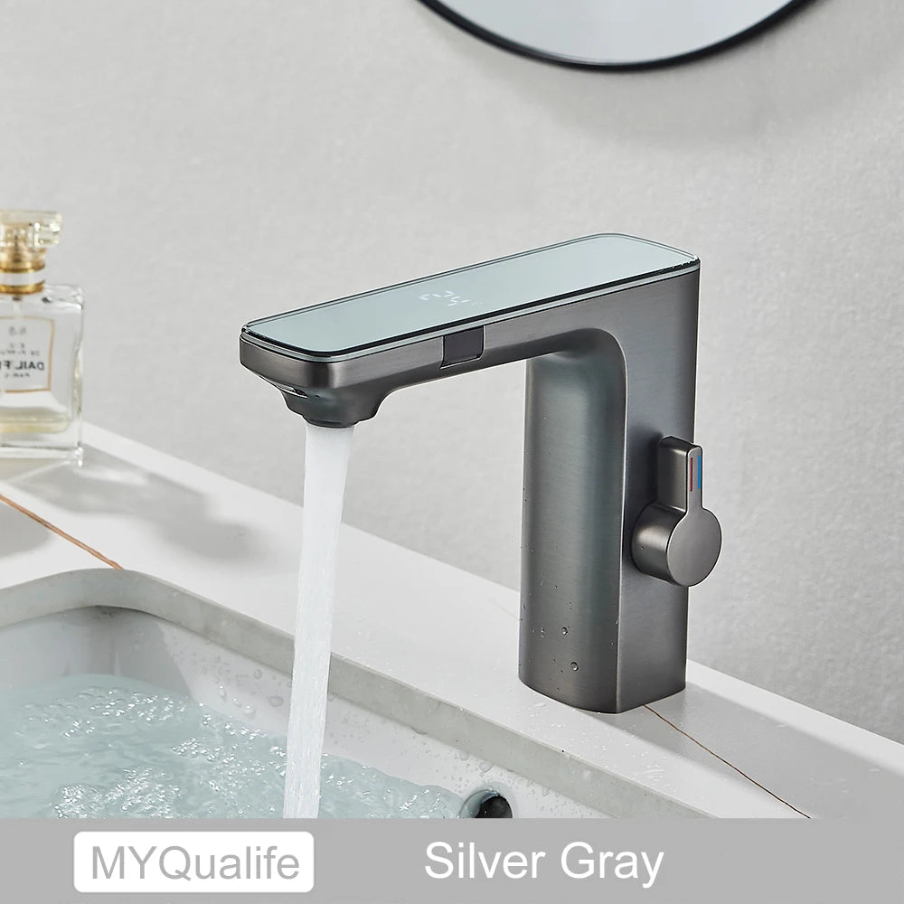 Black Gray Smart Sense Faucet Touchless Digital Display Basin Mixer Battery Power Hot Cold Mixed Water Inductive Bathroon Tap