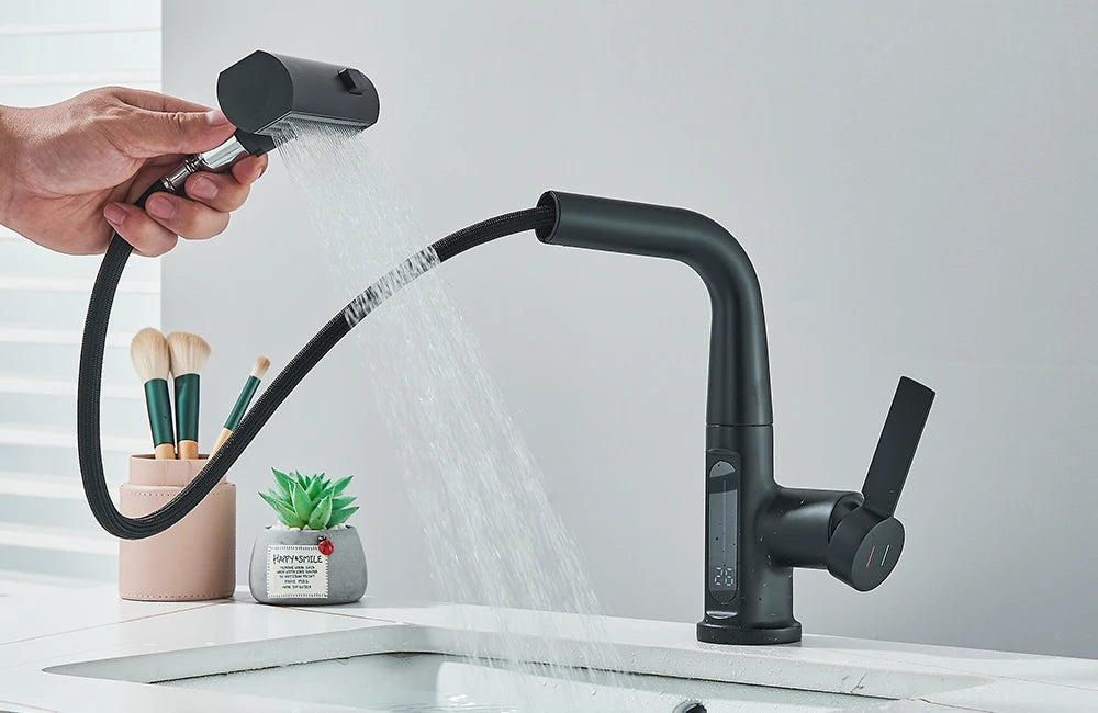 Waterfall Temperature Digital Display Basin Faucet Lift Up Down Stream Sprayer Hot Cold Water Sink Mixer Wash Tap For Bathroom