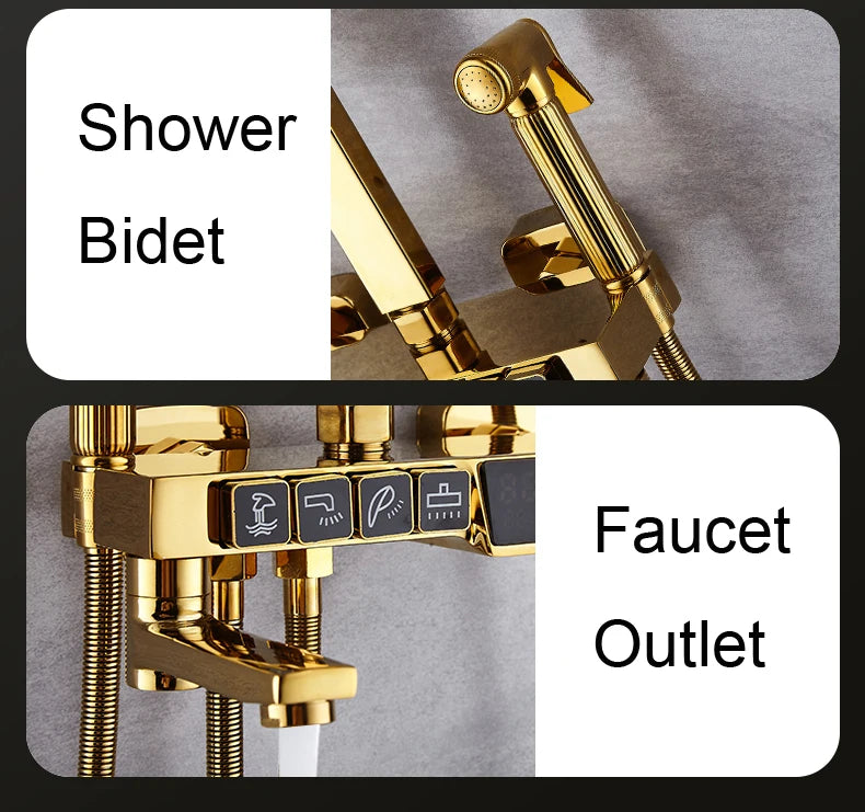 Gold Digital Shower Set Quality Brass Hot Cold Bathroom Shower Faucets Tap Rain Shower Head Golden Thermostatic Shower System