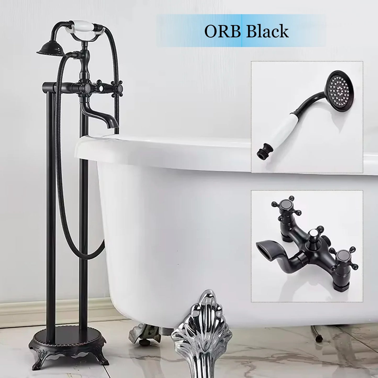 Floor Standing Double Tube Double Handle Bathtub Faucet Set for Bathroom With Rainfall Handshower Tub Faucet Freestanding Crane
