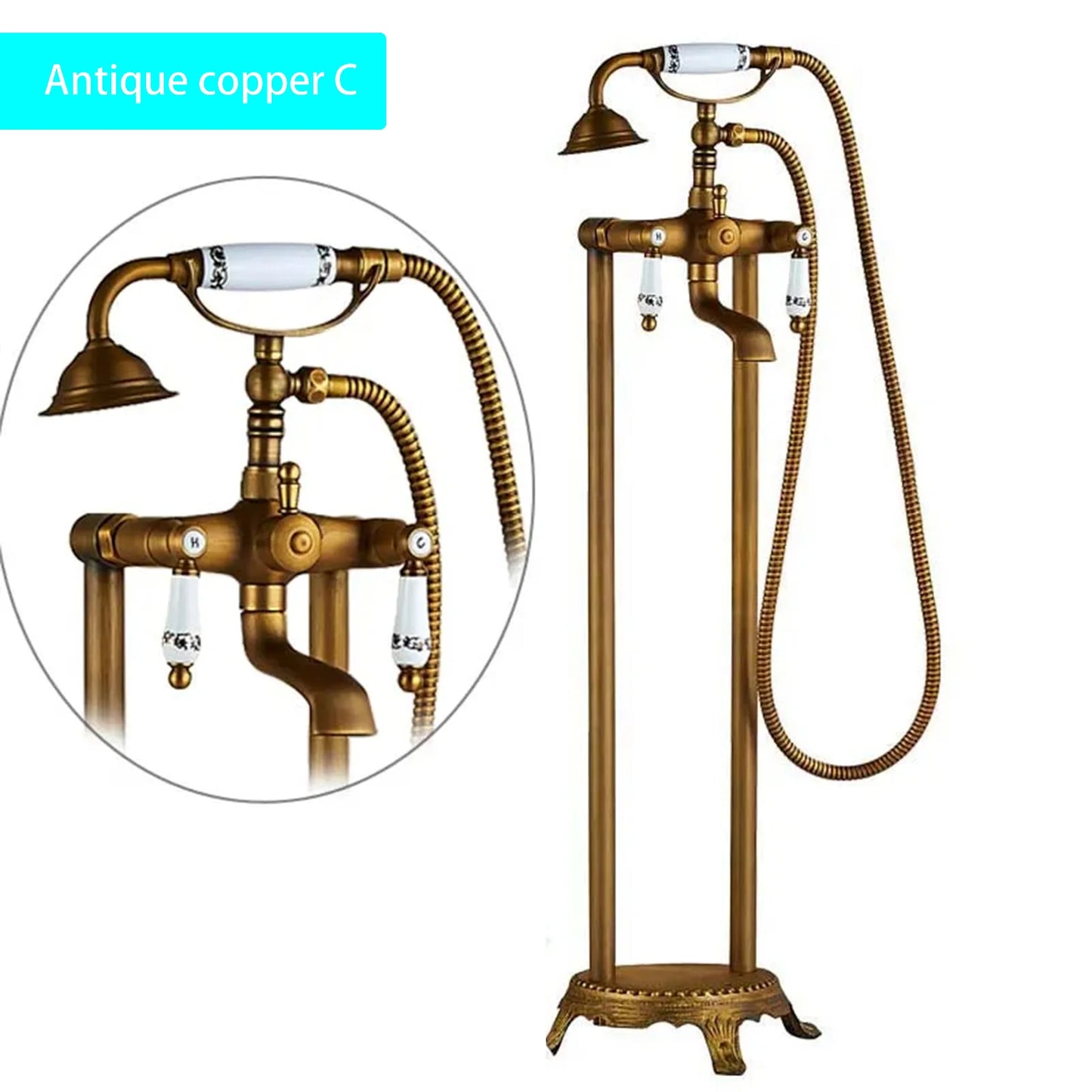 Floor Standing Double Tube Double Handle Bathtub Faucet Set for Bathroom With Rainfall Handshower Tub Faucet Freestanding Crane
