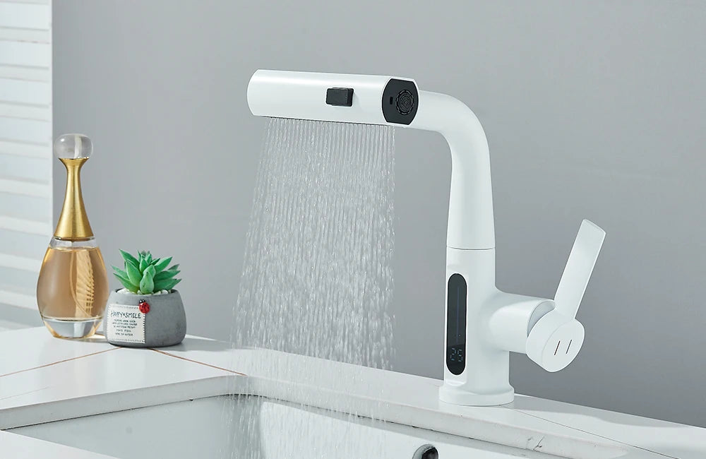 Waterfall Temperature Digital Display Basin Faucet Lift Up Down Stream Sprayer Hot Cold Water Sink Mixer Wash Tap For Bathroom
