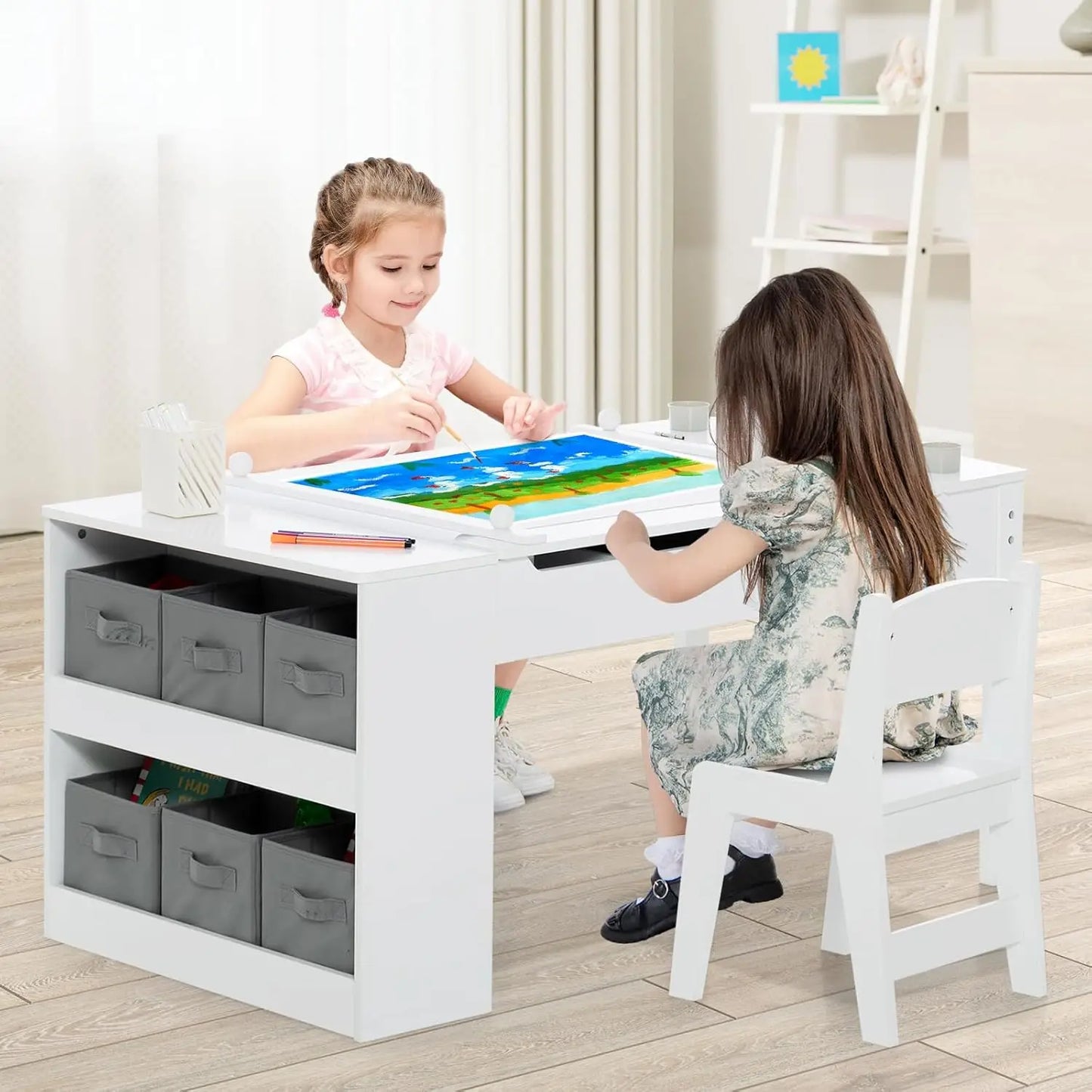 Toddler Craft Play Wood Activity Desk with 2 Chairs Storage