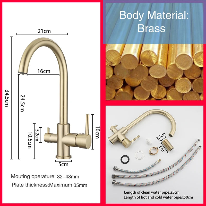 ULA Filtered Kitchen Faucet Gold Purifier Faucet Dual Sprayer Drinking Water Mixer Tap Nozzle Brass Kitchen Sink Mixer Torneira
