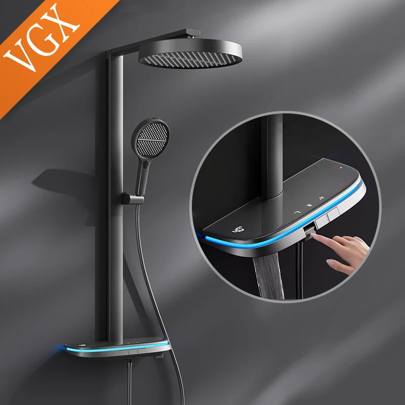 VGX Thermostatic Shower System Set Smart Digital Bathroom Shower Faucet Set Temperature Display Rainlfall Bathroom Shower Set