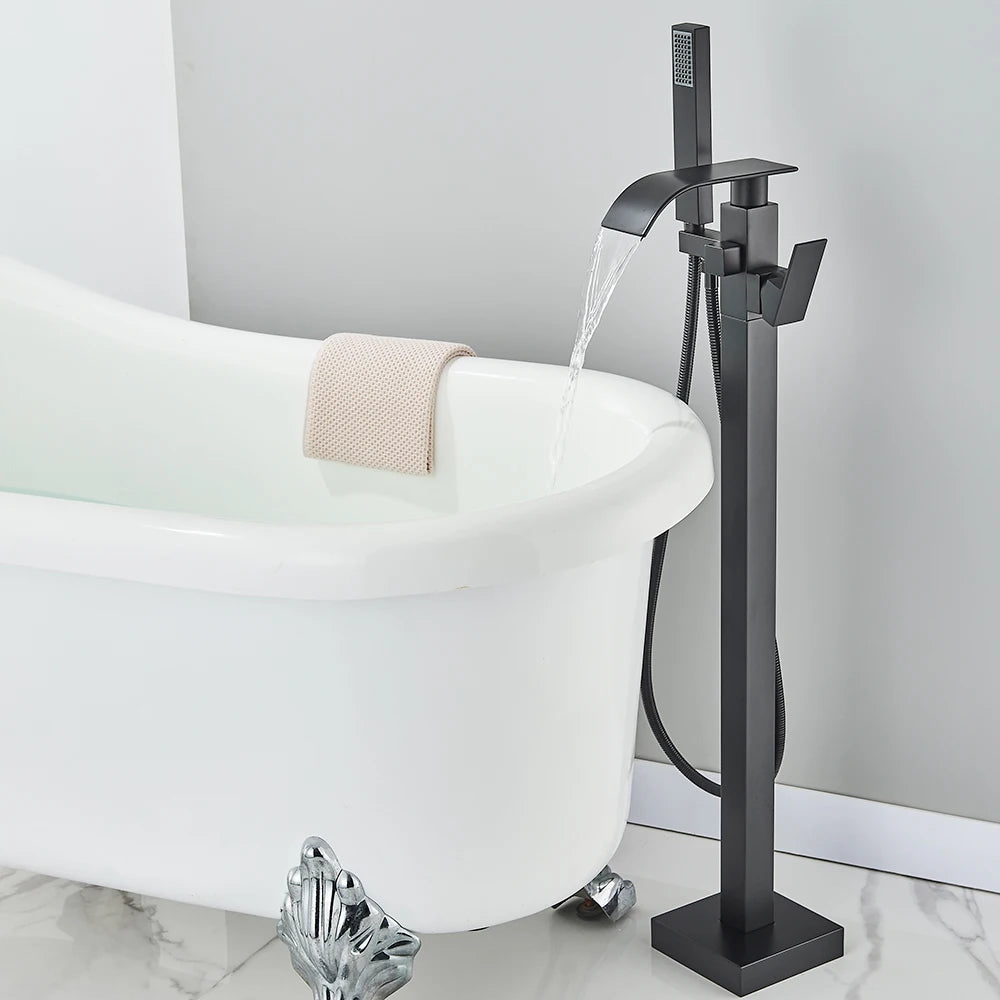 Floor Standing Faucet Bathtub Shower Floor Mounted Tub Filler Faucet Brass Bathroom Tub Faucets with Hand Shower