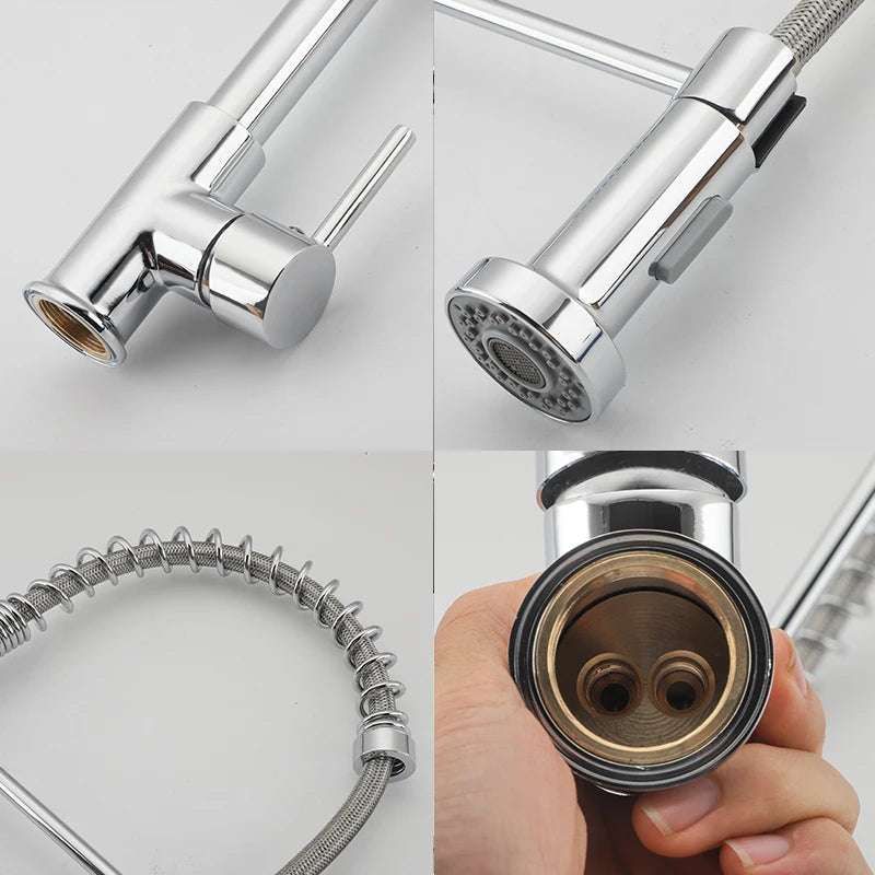 Brass Pull Out Spring Kitchen Faucet Kitchen Sink Mixer 360 Degree Rotating Stream Sprayer Nozzle Mixer Hot Cold Water Crane tap