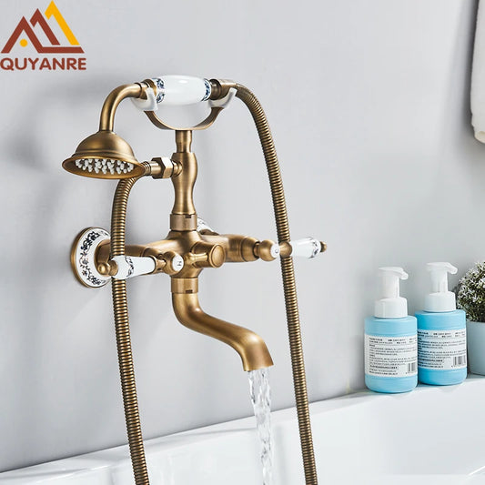 Retro Antique Brass Black Bronze Bathtub Shower Faucets Set Dual Knobs Mixer Tap Wall Mounted Bath Shower Set Swivel Tub Spout