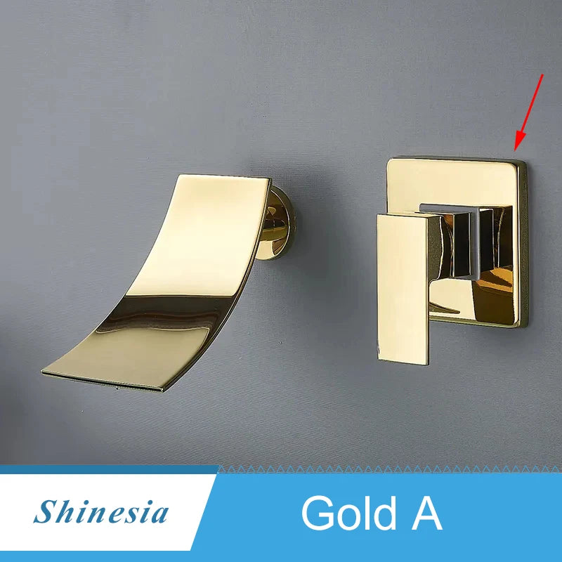 Shinesia Waterfall Bathroom Faucet Concealed Wall Mounted Bathroom Sink Mixer Tap Single Lever Wash Basin Faucets Gold/Black