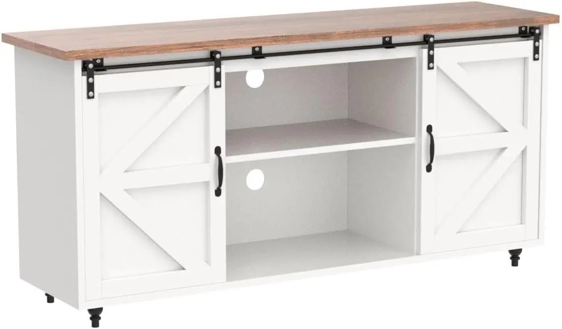 Farmhouse Coffee Bar Cabinet with Storage, 58'' Buffet Cabinet with Sliding Barn Door, White Coffee Bar Table with Woo