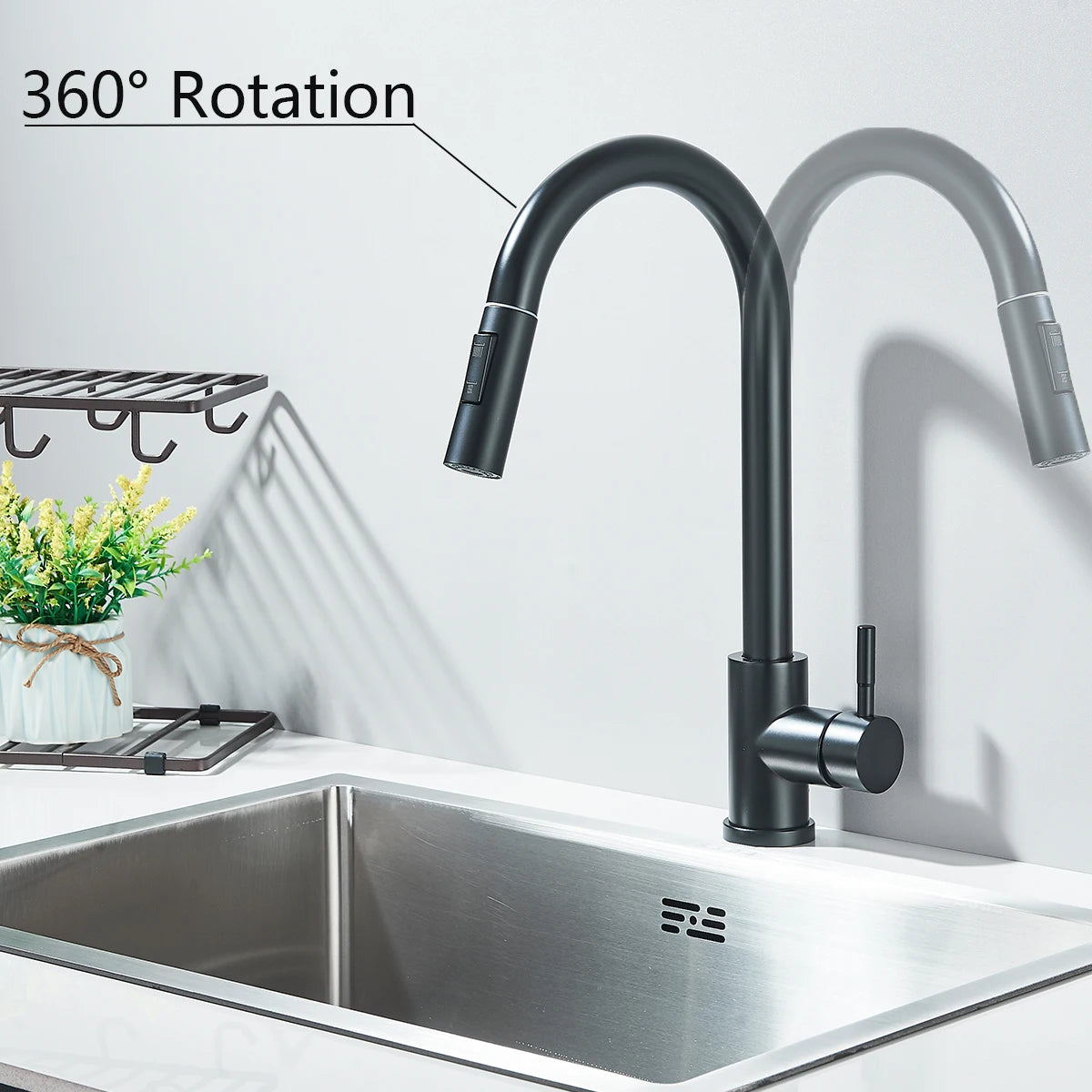 ULGKSD Kitchen Faucet Pull Out 2 Modes Stream Spray Hot And Cold Water Mixer 360 Rotate Single Handle Deck Mounted Crane Tap