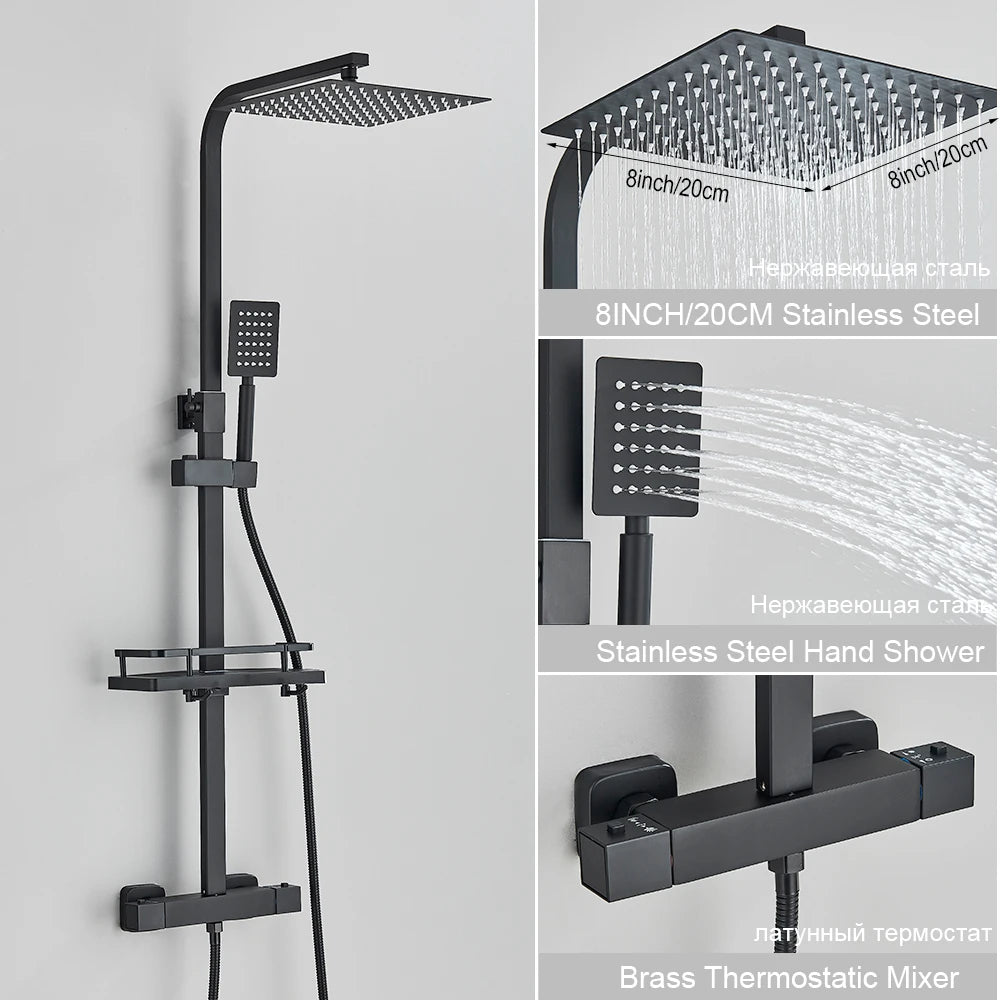 Black Thermostatic Shower Faucet Set 38℃ Rainfall Shower Mixer Crane Multifunctional Bathroom Faucet Bathtub Tap With Shelf