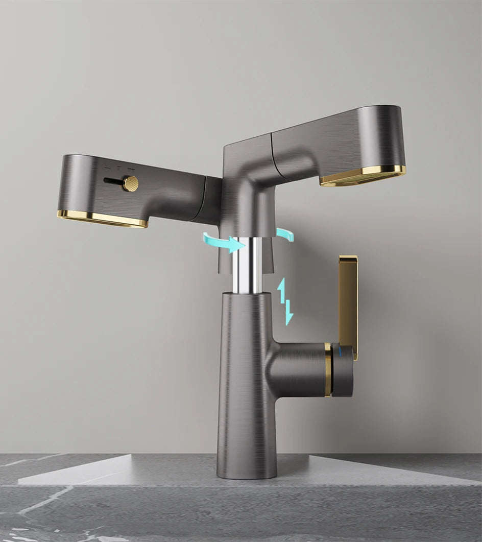 VGX Multifunctional Bathroom Faucets Pull Out Basin Mixer Sink Faucet Gourmet LED Temperature Tap 360° Tapware Crane Brass White