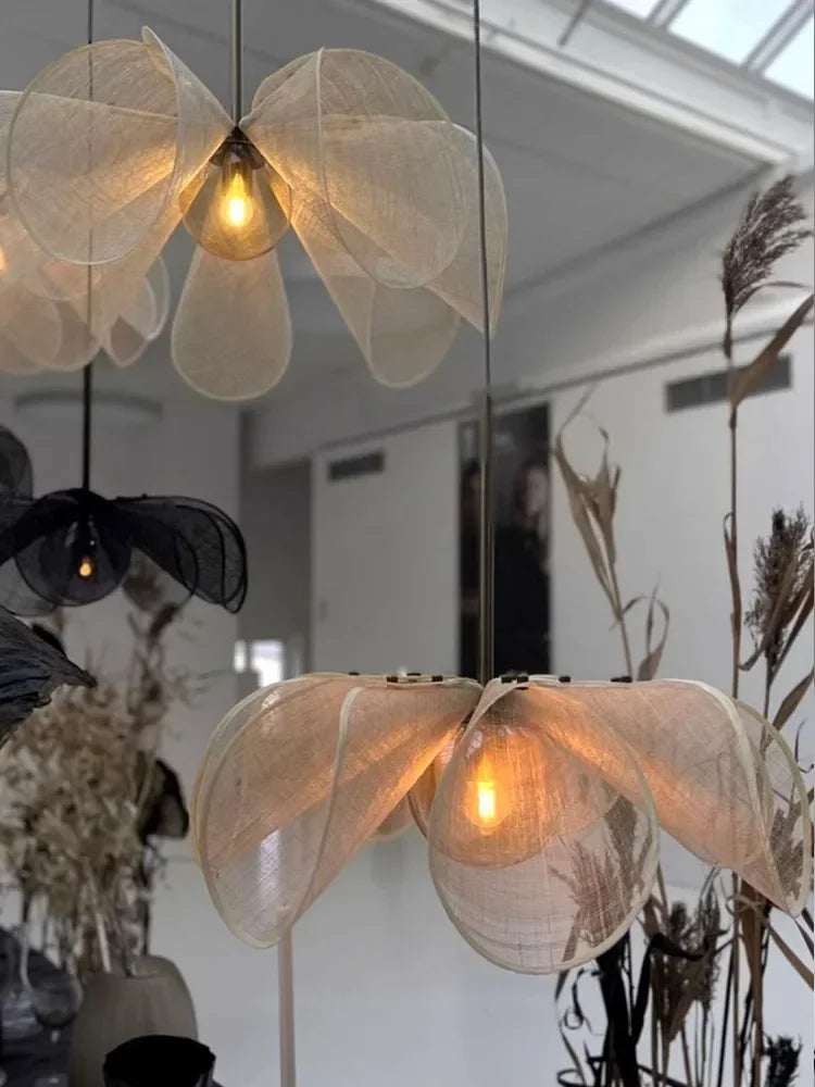 Nordic Japanese Style Fabric LED Flower Pendant