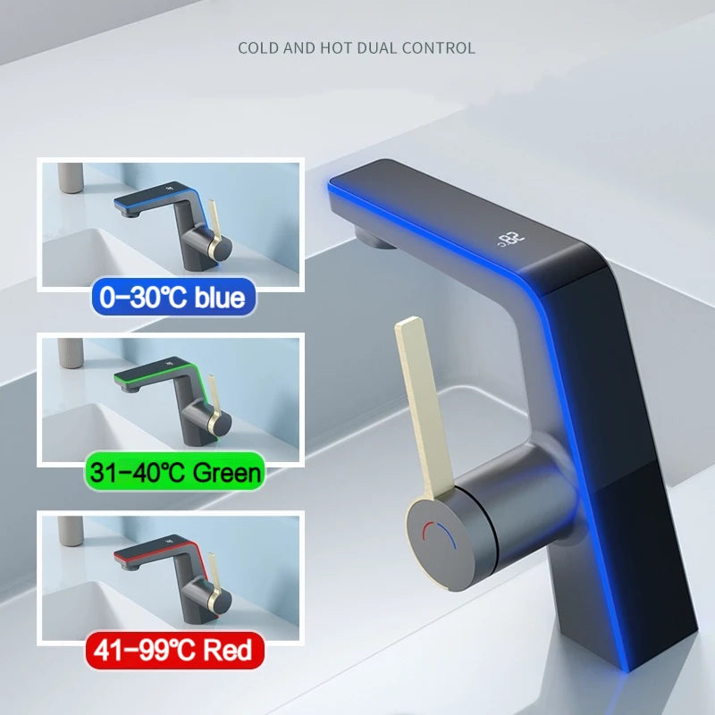 LED Digital Display Bathroom Basin Faucet Tap Hot Cold Temperature Sensing Faucet Deck Mount Sink Mixer Wash Tap Single Hole