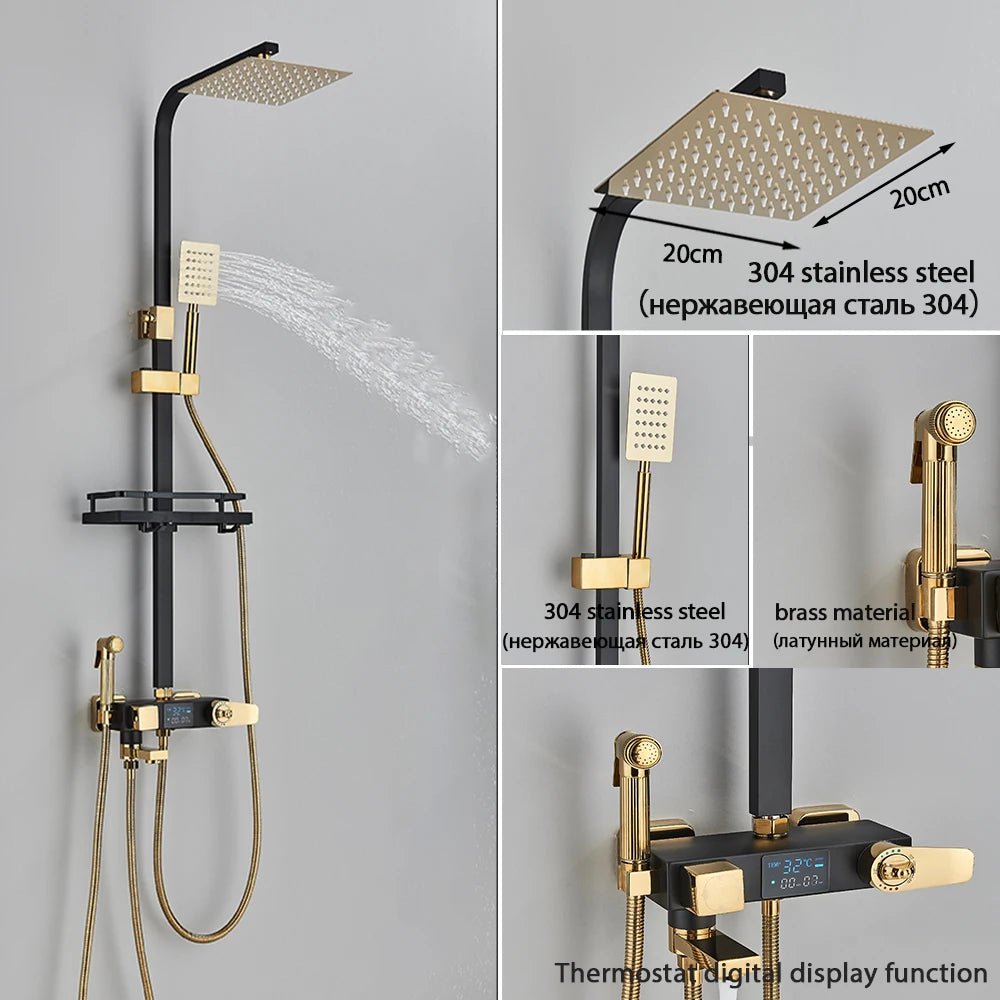 Black Smart Thermostatic Shower Faucet Set Bathroom Intelligent Rainfall Digital Mixer Tap With Rack and Bidet Bath System