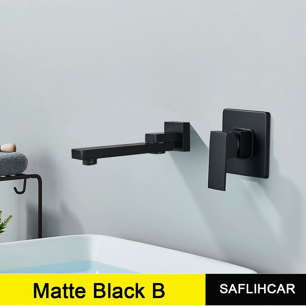 Matte Black Rotate Spout Basin Faucet Wall Mounted Bathroom Hot & Cold Water Mixer Tap Concealed Install Washing Crane Faucets