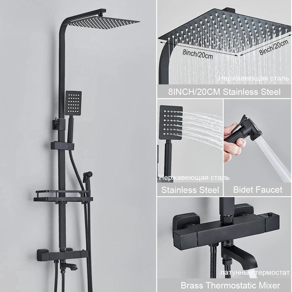 Black Thermostatic Shower Faucet Set 38℃ Rainfall Shower Mixer Crane Multifunctional Bathroom Faucet Bathtub Tap With Shelf