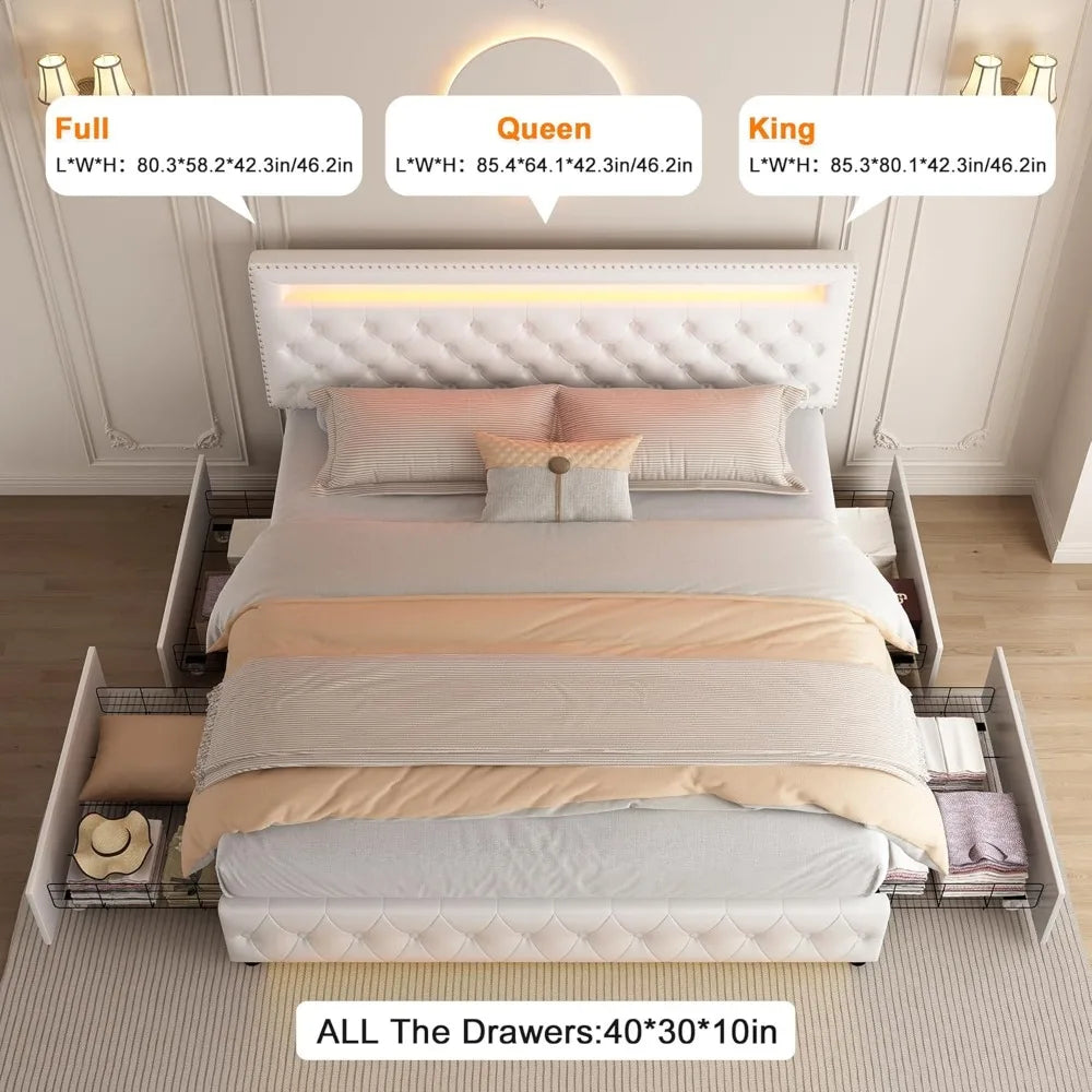 Queen Led Bed Frame with 4 Storage Drawers and Smart Control LED Lights