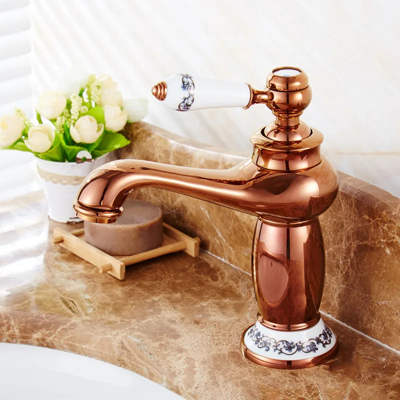 Retro European Bathroom Basin Faucets Gold Mixer Tap Ceramic Decoration Plating Chrome Single Handle Hot And Cold Deck Mounted