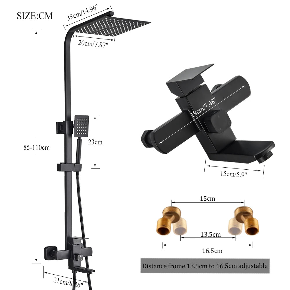 Matte Black Rainfall Shower Faucet Set 8 Inch Showerhead High Pressure Stainless Steel Bathtub Rotate Spout Bath Shower Mixer