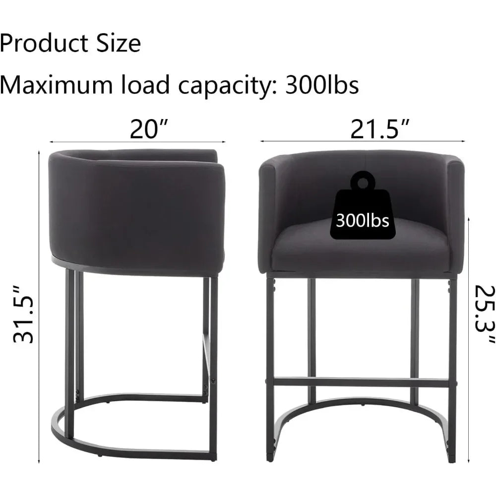 25" Counter Height Bar Stools Set of 4, Modern Bar Stool with Back, Black Metal Frames,Upholstered Bar Stools for Kitchen Island