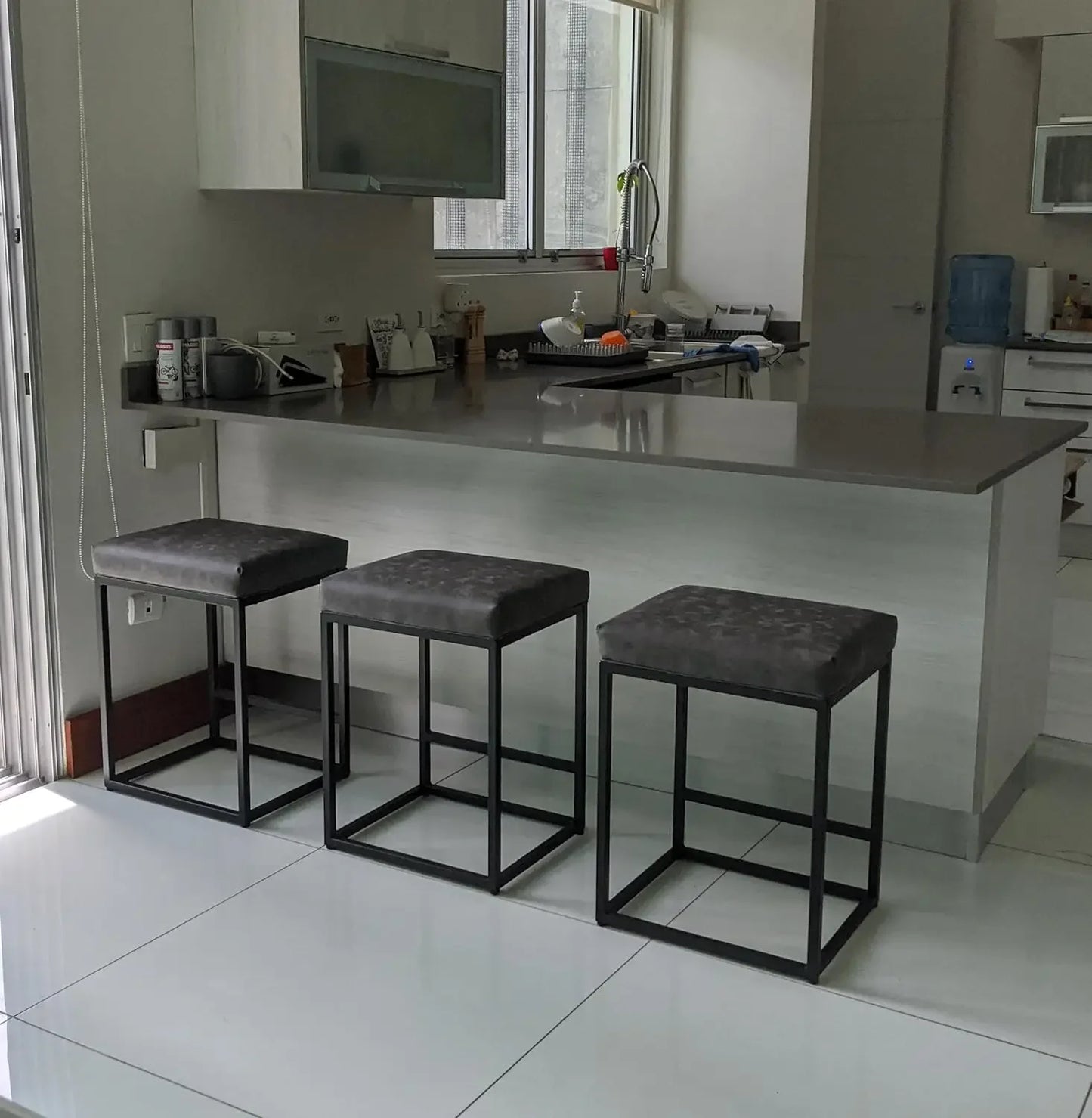 Black Counter Height 24" Bar Stools Kitchen Counter Backless Modern Square Barstools Upholstered Faux Leather Stools